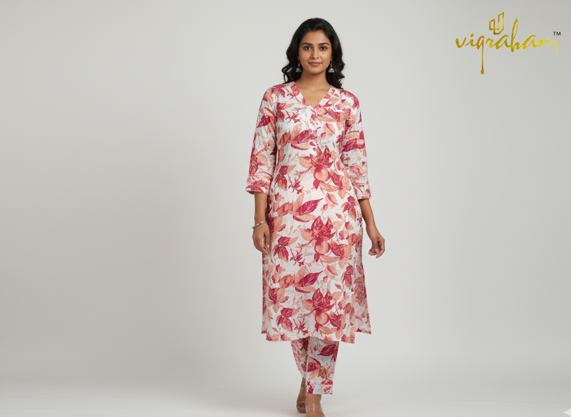 Beige Leaf Print A-Line Vatican Silk Co-ord Set