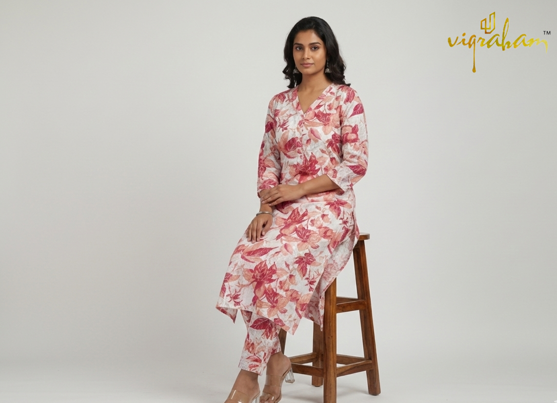 Beige Leaf Print A-Line Vatican Silk Co-ord Set