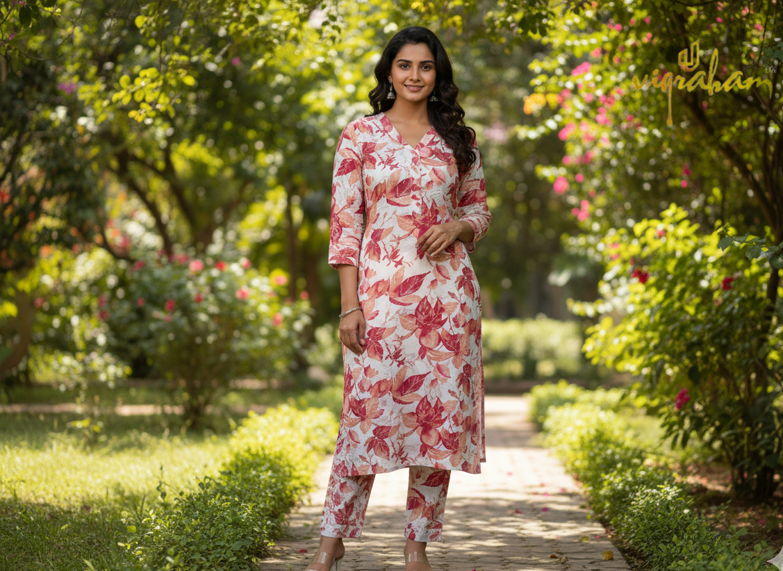 Beige Leaf Print A-Line Vatican Silk Co-ord Set