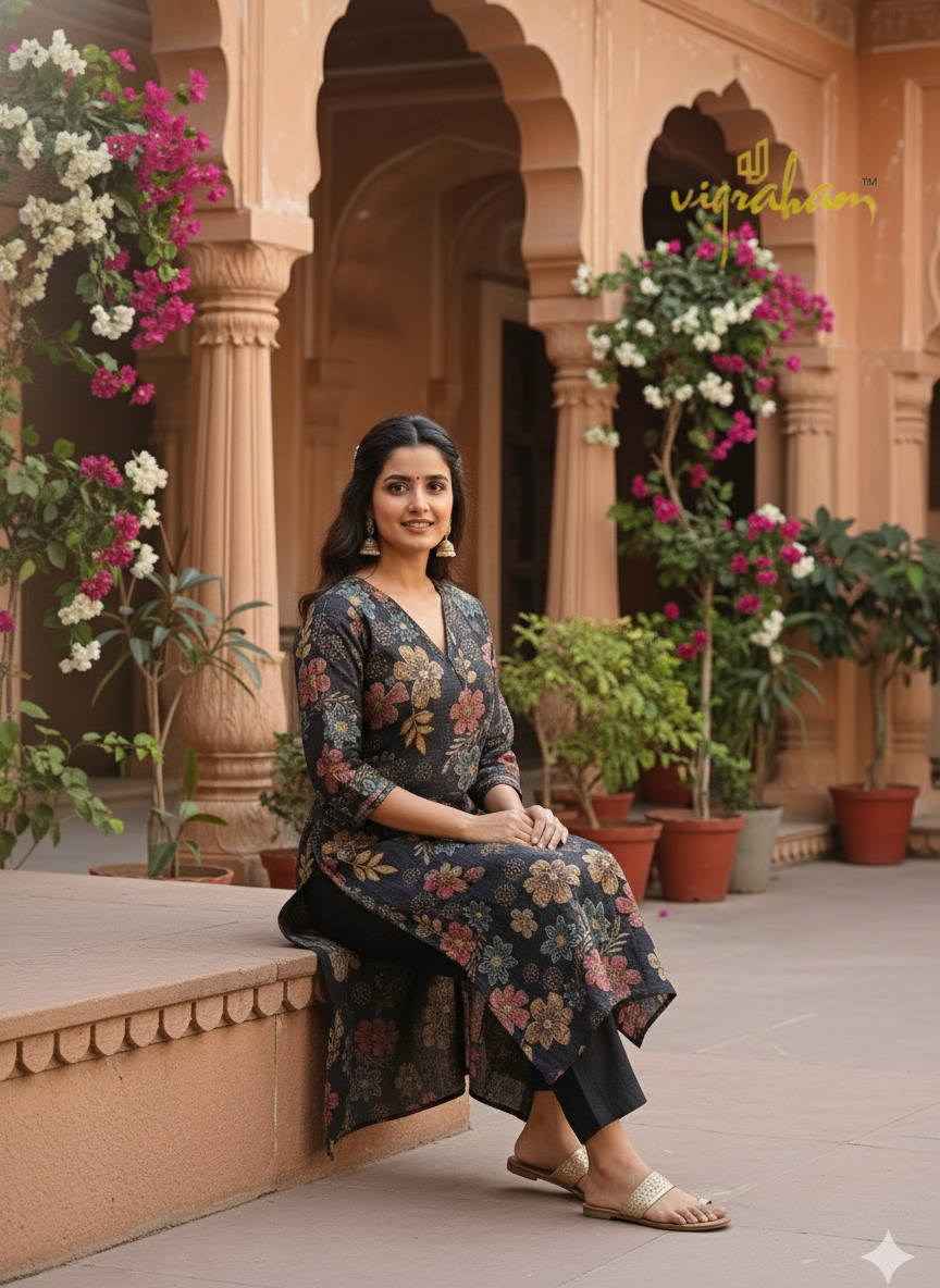 Sitting pose - Pure Berlin Fabric Black Color Kurta Set