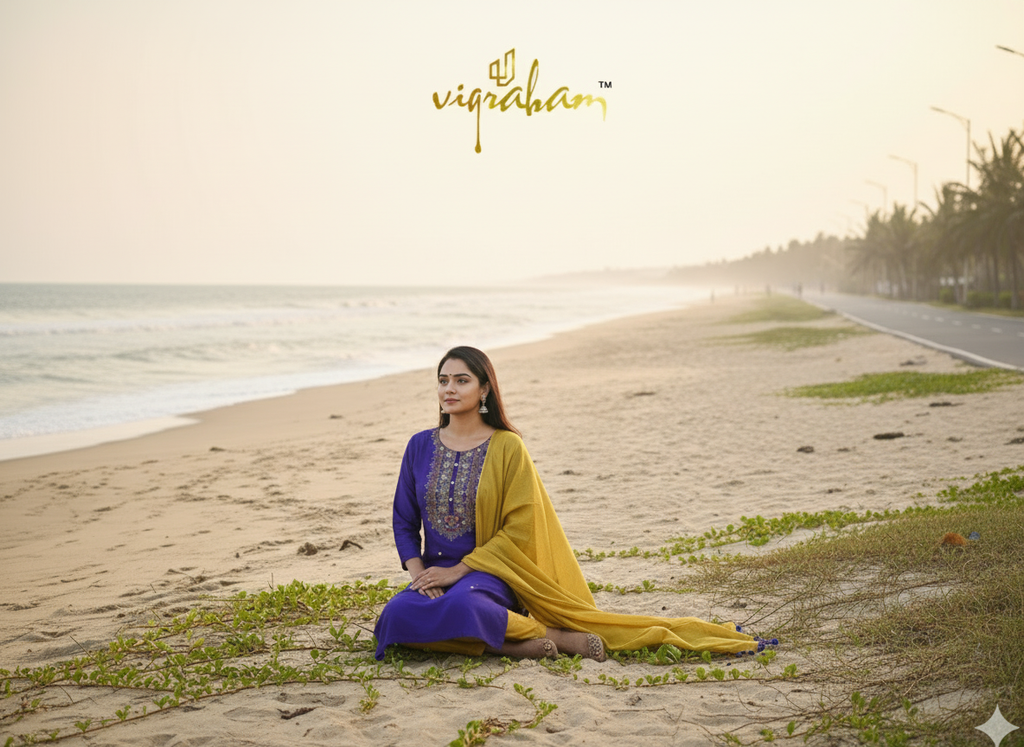 Sitting pose - Violet A-line Vatican silk salwar