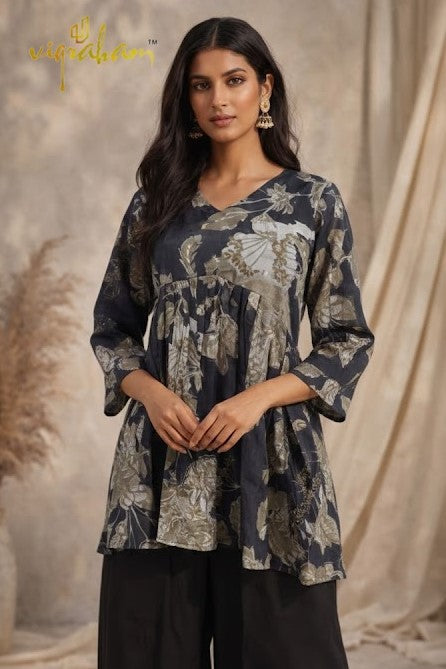 Mul Chanderi Floral Printed Flared Tunic Top - Deep Navy Blue