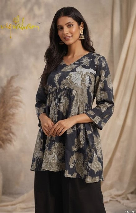 Mul Chanderi Floral Printed Flared Tunic Top - Deep Navy Blue