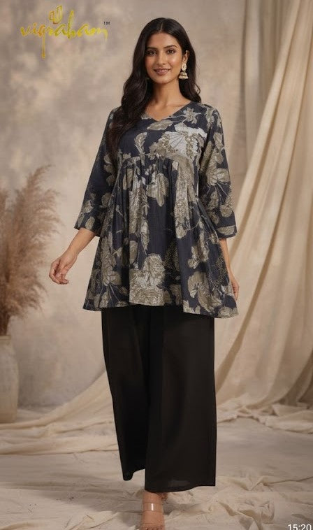 Mul Chanderi Floral Printed Flared Tunic Top - Deep Navy Blue