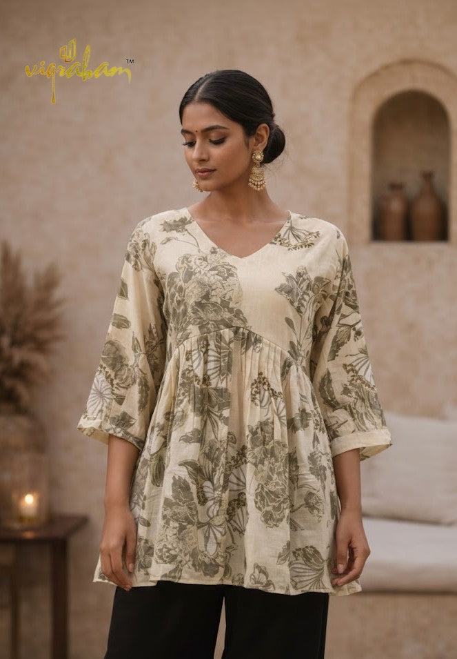 Cream Floral Mul Chanderi Flared Tunic