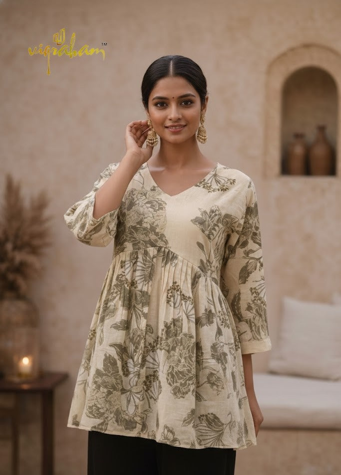 Cream Floral Mul Chanderi Flared Tunic