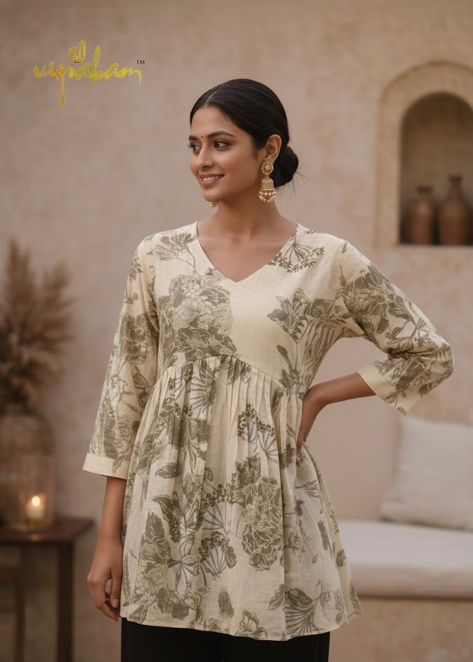 Cream Floral Mul Chanderi Flared Tunic