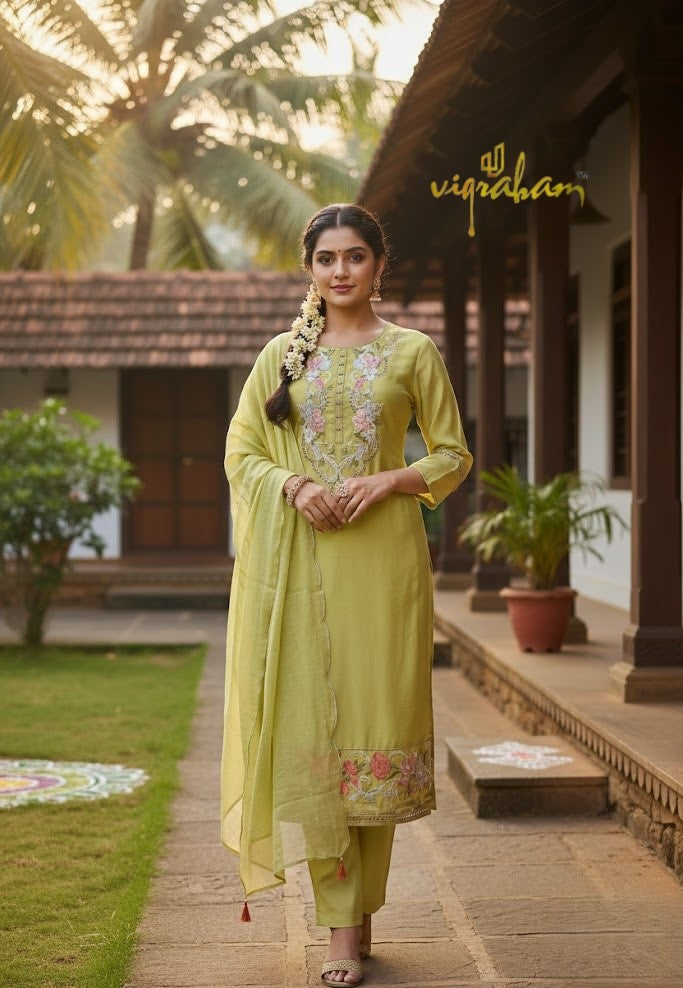 Lime Blossom Mul Chanderi 3-Piece Set with Floral Embroidery