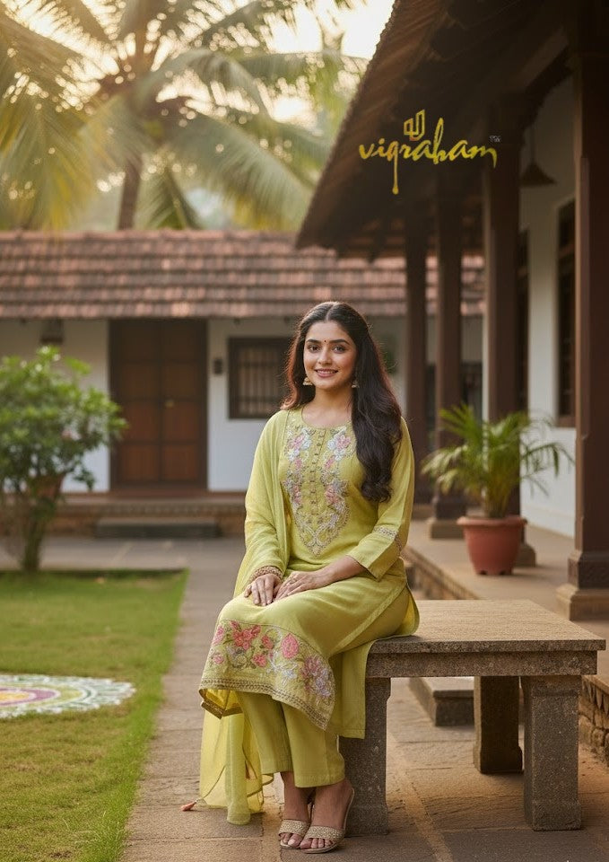 Lime Blossom Mul Chanderi 3-Piece Set with Floral Embroidery