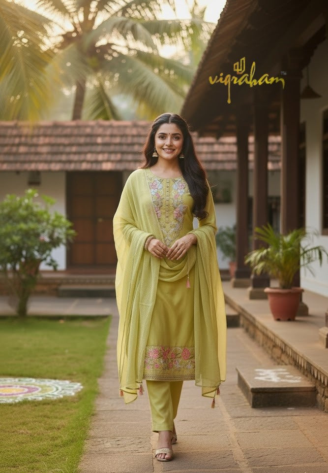 Lime Blossom Mul Chanderi 3-Piece Set with Floral Embroidery