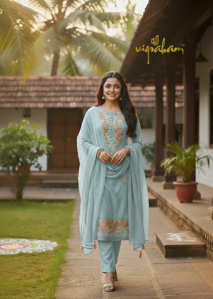 Serene Aqua Mul Chanderi 3-Piece Set with Floral Embroidery