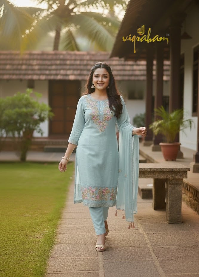 Serene Aqua Mul Chanderi 3-Piece Set with Floral Embroidery
